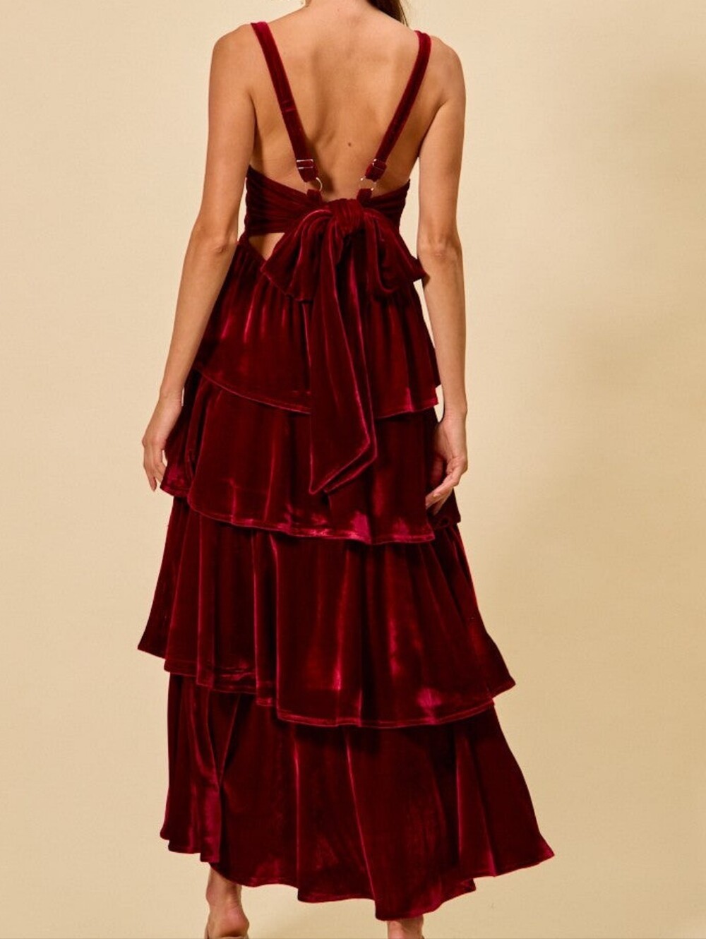 Green Velvet Tiered Maxi Dress, S - Picture 2 of 7